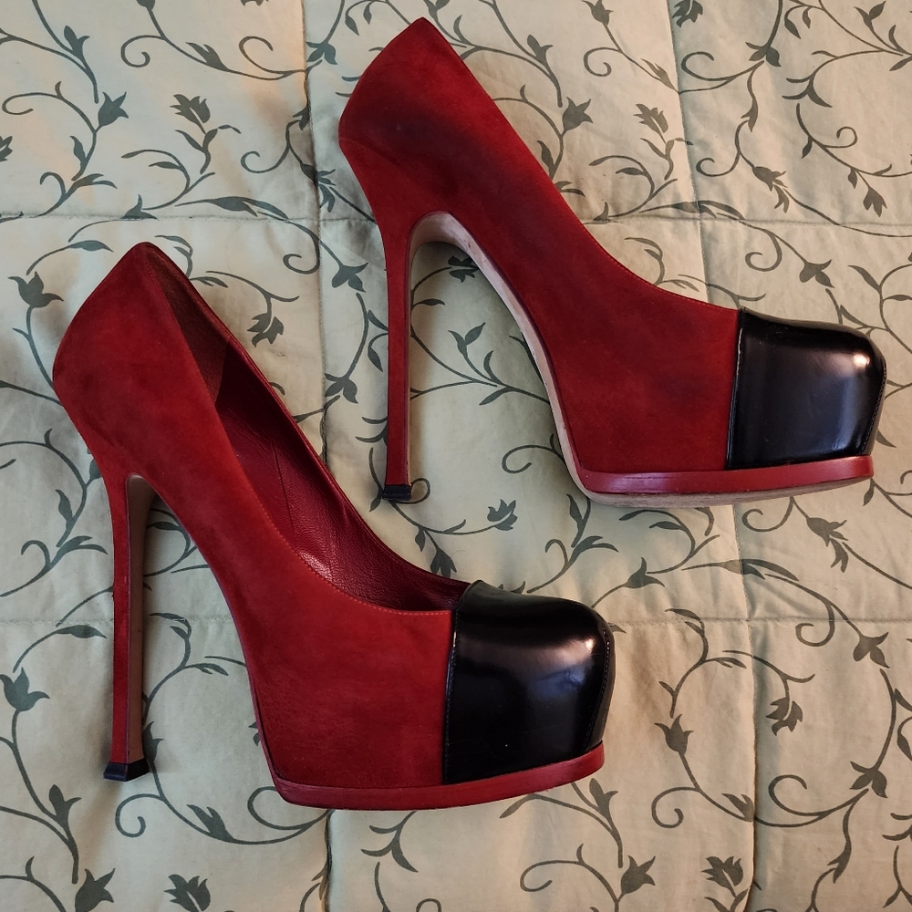 YSL Yves Saint Laurent Eur 39 Red and black velvet platform high heels